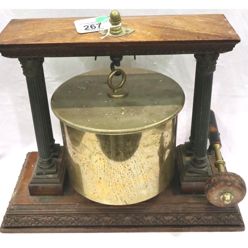 267 - 19th Century oak framed portico dinner gong with large brass bell and hammer, H: 30 cm. P&P Group 3 ... 