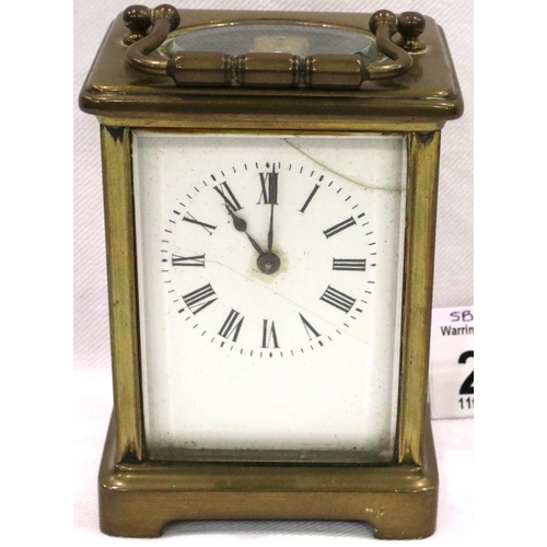 272 - French brass carriage clock, H: 11 cm, working at lotting, crack to enamel face. P&P Group 1 (£14+VA... 