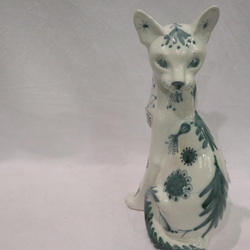 185 - David Sharp blue and white studio cat, H: 33 cm. P&P Group 3 (£25+VAT for the first lot and £5+VAT f... 