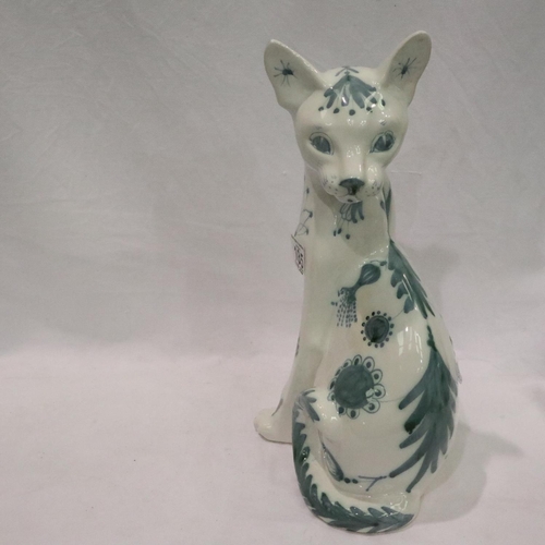 185 - David Sharp blue and white studio cat, H: 33 cm. P&P Group 3 (£25+VAT for the first lot and £5+VAT f... 