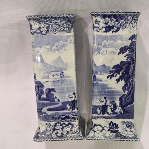 187 - Pair of Pratts Ware Lake Scenery blue and white spills, each H: 19 cm, nibbles to base rims. P&P Gro... 