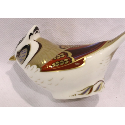 228 - Boxed Royal Crown Derby  crested tit with gold stopper, boxed, L: 10 cm. No cracks, chips or visible... 