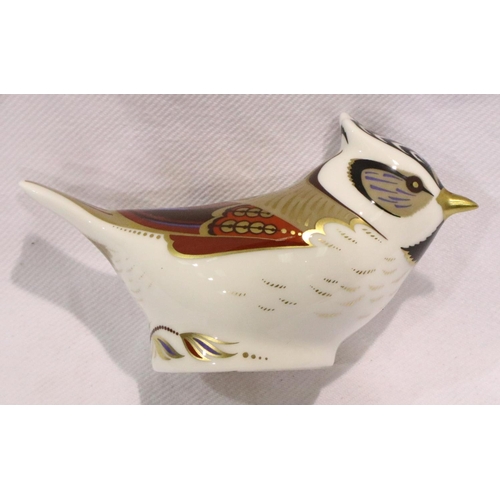 228 - Boxed Royal Crown Derby  crested tit with gold stopper, boxed, L: 10 cm. No cracks, chips or visible... 