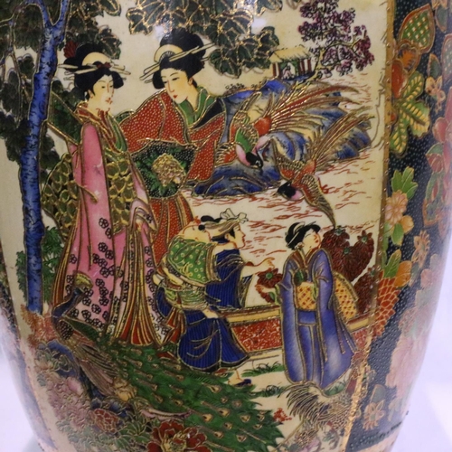 252 - Large Japanese vase decorated with Geishas within a garden setting, with gilt and applied detail, H:... 