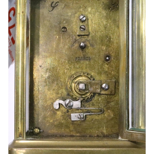 272 - French brass carriage clock, H: 11 cm, working at lotting, crack to enamel face. P&P Group 1 (£14+VA... 