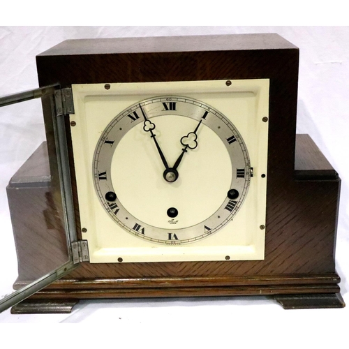 273 - Two oak cased chiming mantel clocks; Elliott and Garrard. Largest H: 23 cm, lacking pendulum. P&P Gr... 