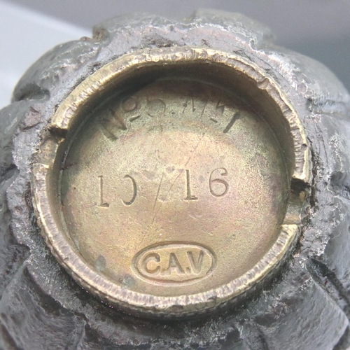 2174 - INERT no 5 Mills Mk1 hand grenade, maker CAV, dated 10/1916. P&P Group 1 (£14+VAT for the first lot ... 