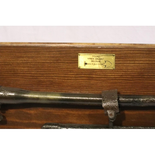 2180 - WWI Ypres relic British rifle and bayonet mounted onto wood. Not available for in-house P&P, contact... 