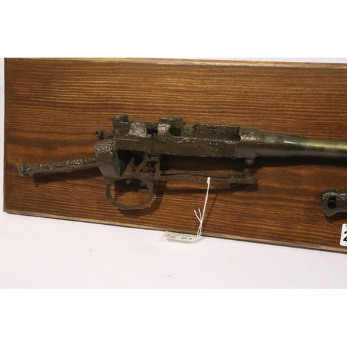 2180 - WWI Ypres relic British rifle and bayonet mounted onto wood. Not available for in-house P&P, contact... 