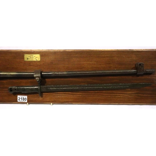 2180 - WWI Ypres relic British rifle and bayonet mounted onto wood. Not available for in-house P&P, contact... 