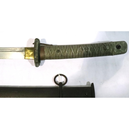 2183 - Japanese WWII NCO sword with metal scabbard, with relief cast grip and steel blade. Two very small d... 