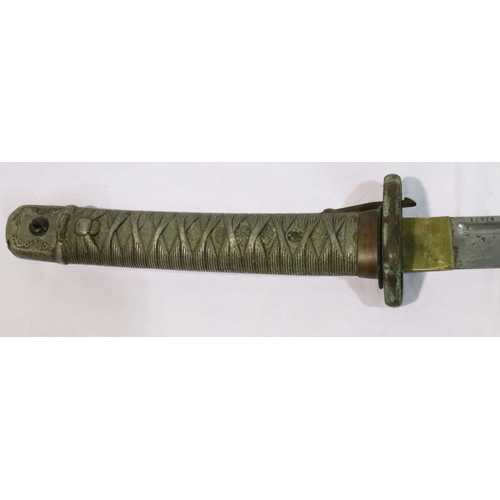 2183 - Japanese WWII NCO sword with metal scabbard, with relief cast grip and steel blade. Two very small d... 