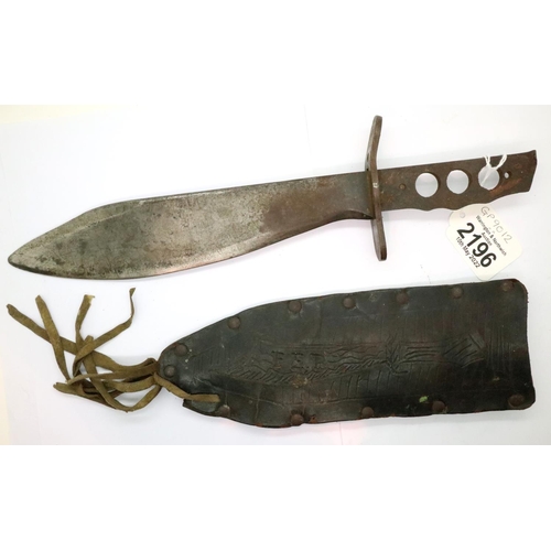 2196 - Leather sheathed WWII with fighting knife, lacking grips, blade stamped Plumb Phila 1915. P&P Group ... 