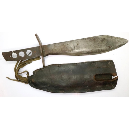 2196 - Leather sheathed WWII with fighting knife, lacking grips, blade stamped Plumb Phila 1915. P&P Group ... 