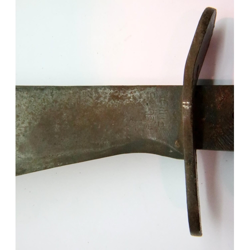 2196 - Leather sheathed WWII with fighting knife, lacking grips, blade stamped Plumb Phila 1915. P&P Group ... 