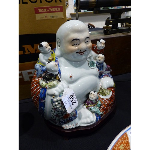 250 - Large Chinese ceramic Buddha, H: 25 cm. No crazing slight paint loss to rear, no chips, cracks or vi... 