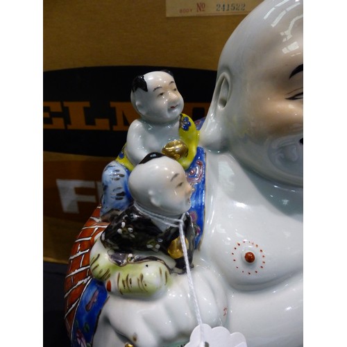 250 - Large Chinese ceramic Buddha, H: 25 cm. No crazing slight paint loss to rear, no chips, cracks or vi... 