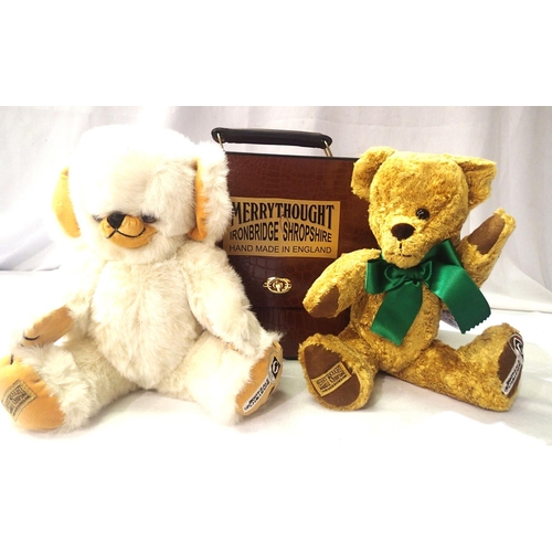 2121 - Merrythought car boot two bear set, Golden Bear, growler (only one eye), H: 33 cm, and White Musical... 