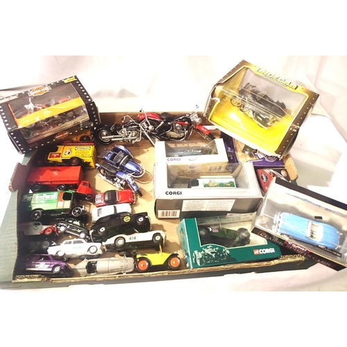 2124 - Selection of twenty six diecast cars, vans, motorcycles etc. Eighteen unboxed, mostly in fair - good... 