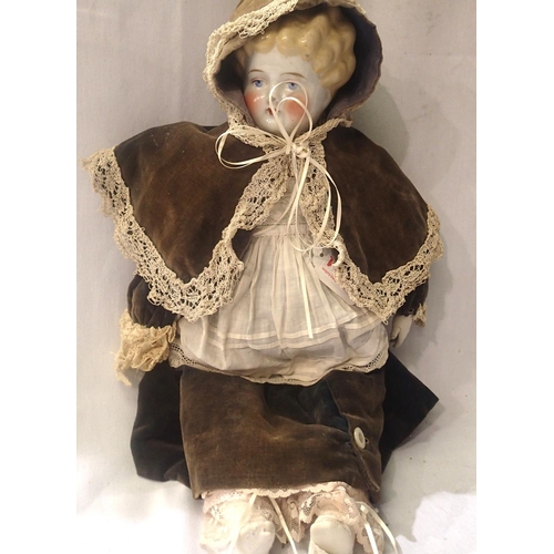 2223 - Victorian German doll, H: 50 cm. Clothes are very faded, possible sun damage/age related. Body is ce... 