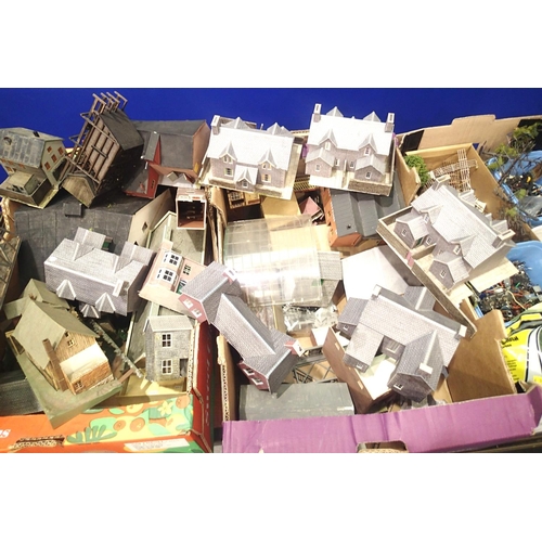 2079 - Quantity of model railway buildings, all built, ex layout, card and plastic, trees, fencing accessor... 