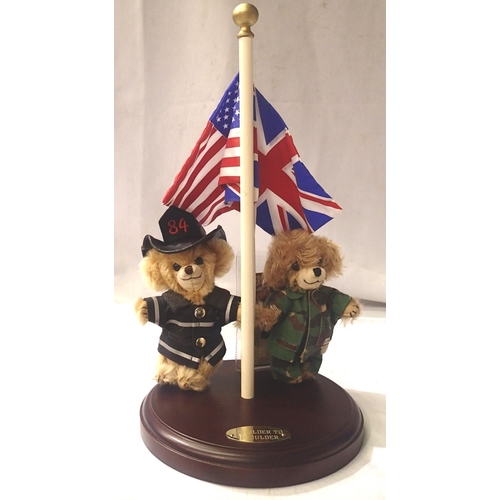 2112 - Merrythought Cheeky bears, Shoulder to Shoulder, two bear set on wooden base with flags, limited edi... 