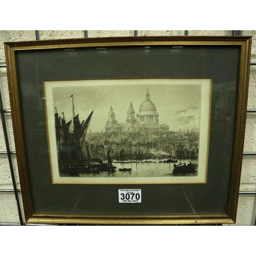 3070 - Ernest Llewellyn Hampshire 1882-1944; etching, St Pauls Cathedral from the river signed in pencil, H... 