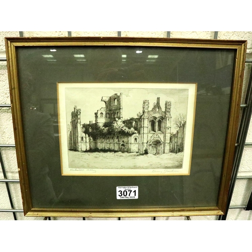 3071 - Henry Jackson Simpson (Scottish 1893 - 1963): etching, Kirkstall Abbey, 21 x 15 cm, signed in pencil... 