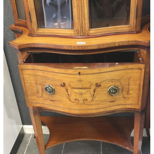 3117 - An Edwardian diminutive inlaid walnut secretaire bookcase, the fitted interior with drawers and pige... 