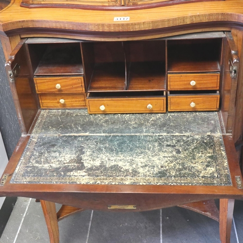 3117 - An Edwardian diminutive inlaid walnut secretaire bookcase, the fitted interior with drawers and pige... 