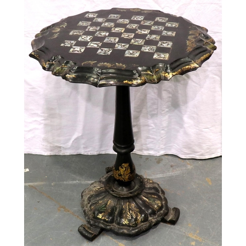 3137 - Victorian paper mache chess table with tilting top, pole screen and tray, each requiring attention (... 