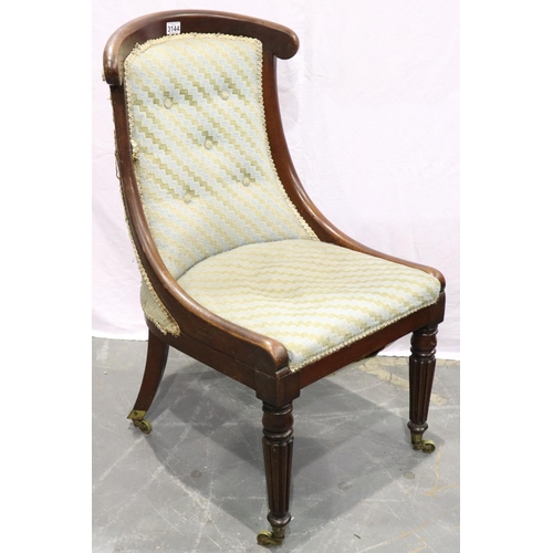 3144 - Late 18th/early 19th century walnut framed salon chair, having reeded supports and brass castors. No... 