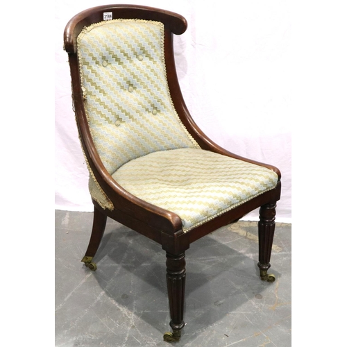 3144 - Late 18th/early 19th century walnut framed salon chair, having reeded supports and brass castors. No... 