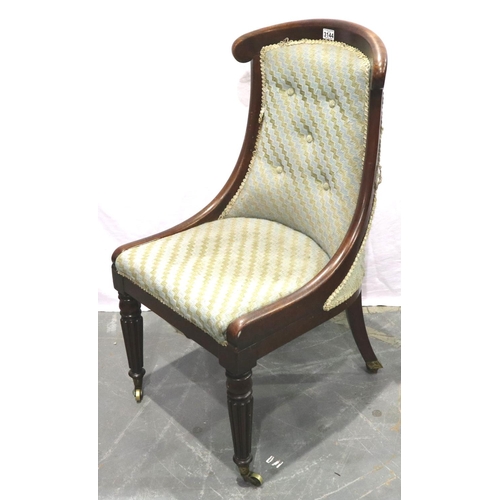 3144 - Late 18th/early 19th century walnut framed salon chair, having reeded supports and brass castors. No... 