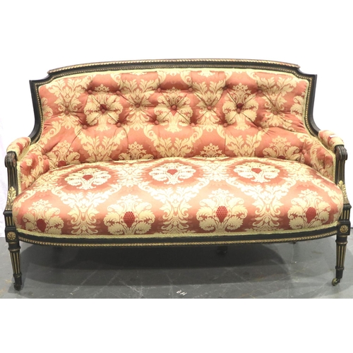 3146 - A Victorian ebonised and gilt salon settee, more recently upholstered with buttoned back. Not availa... 