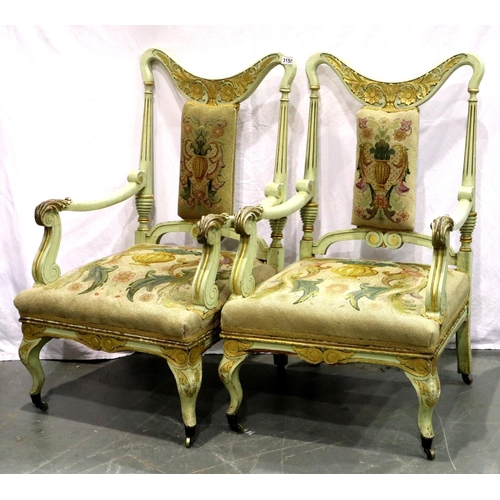 3150 - A pair of 19th century continental limed salon chairs, each with woolwork seat and back pads. Not av... 