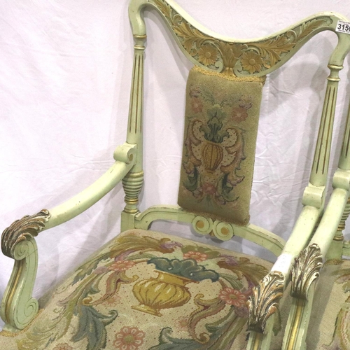 3150 - A pair of 19th century continental limed salon chairs, each with woolwork seat and back pads. Not av... 