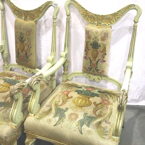 3150 - A pair of 19th century continental limed salon chairs, each with woolwork seat and back pads. Not av... 