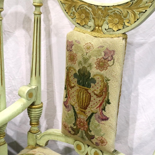 3150 - A pair of 19th century continental limed salon chairs, each with woolwork seat and back pads. Not av... 