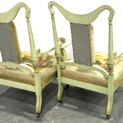 3150 - A pair of 19th century continental limed salon chairs, each with woolwork seat and back pads. Not av... 