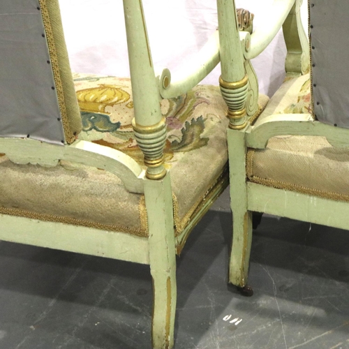 3150 - A pair of 19th century continental limed salon chairs, each with woolwork seat and back pads. Not av... 