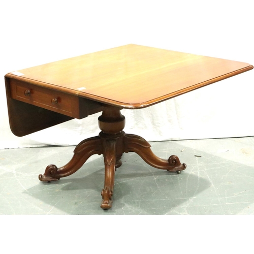 3156 - 19th century walnut Pembroke table, with two drop-leaves and single drawer, raised on a carved quadr... 