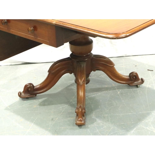 3156 - 19th century walnut Pembroke table, with two drop-leaves and single drawer, raised on a carved quadr... 