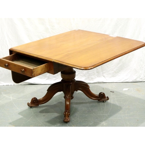 3156 - 19th century walnut Pembroke table, with two drop-leaves and single drawer, raised on a carved quadr... 