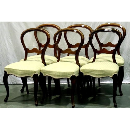 3165 - A set of six Victorian walnut balloon-back dining chairs with later upholstered seats. Not available... 