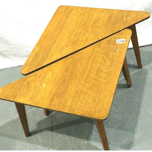 3168 - E Gomme for G-Plan: a pair of mid 20th century golden oak triangular lamp tables, each 50 x 50 x 40 ... 