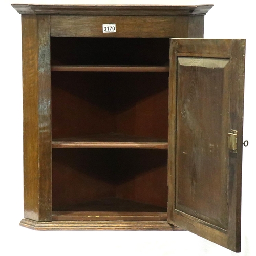 3170 - George III oak corner cupboard of small proportions with two shelves and key. Not available for in-h... 