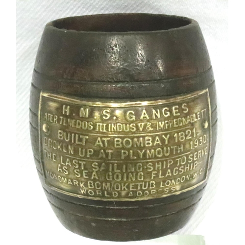 75 - Miniature wooden barrel, marked HMS Ganges, H: 50 mm. P&P Group 1 (£14+VAT for the first lot and £1+... 