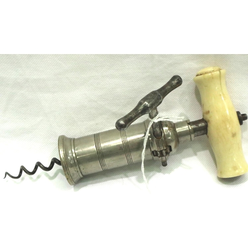 79 - Antique silver plate on brass corkscrew with worked ivory handle, L: 20 cm. P&P Group 1 (£14+VAT for... 