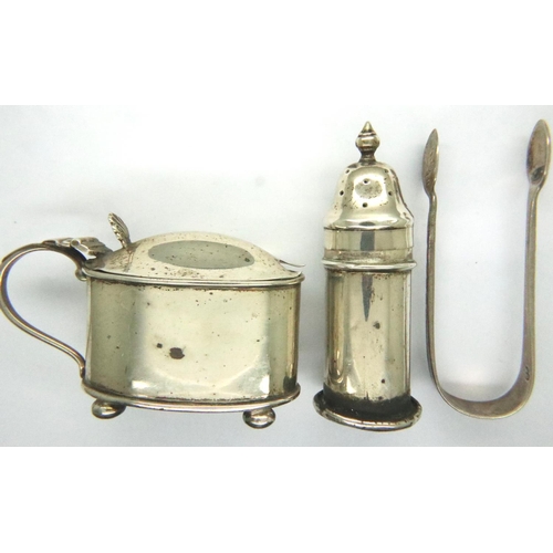 110 - Hallmarked silver pepperette, mustard pot and sugar nips, combined silver 51g. P&P Group 2 (£18+VAT ... 